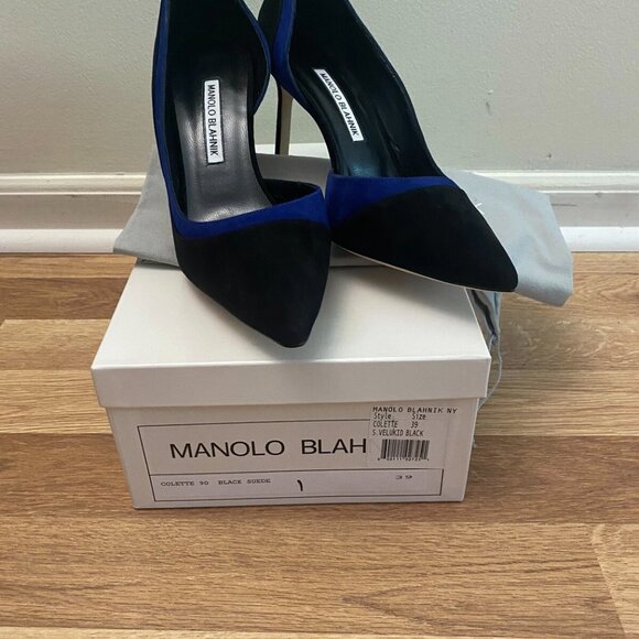Manolo Blahnik Black Blue Suede Pumps - Picture 4 of 6